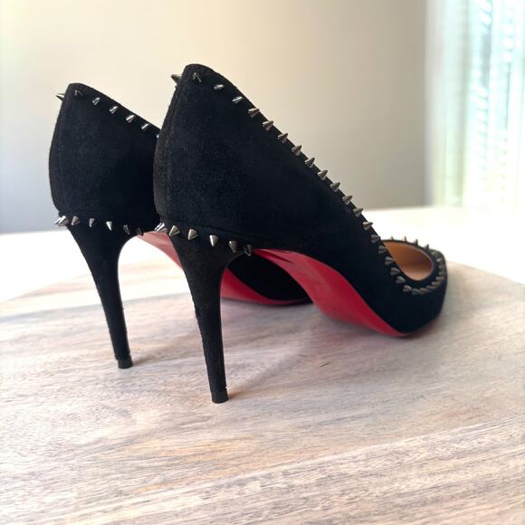 Christian Louboutin Follies Spikes 100 Pumps Black Suede Red Sole Heels Size 8.5 - Picture 11 of 15